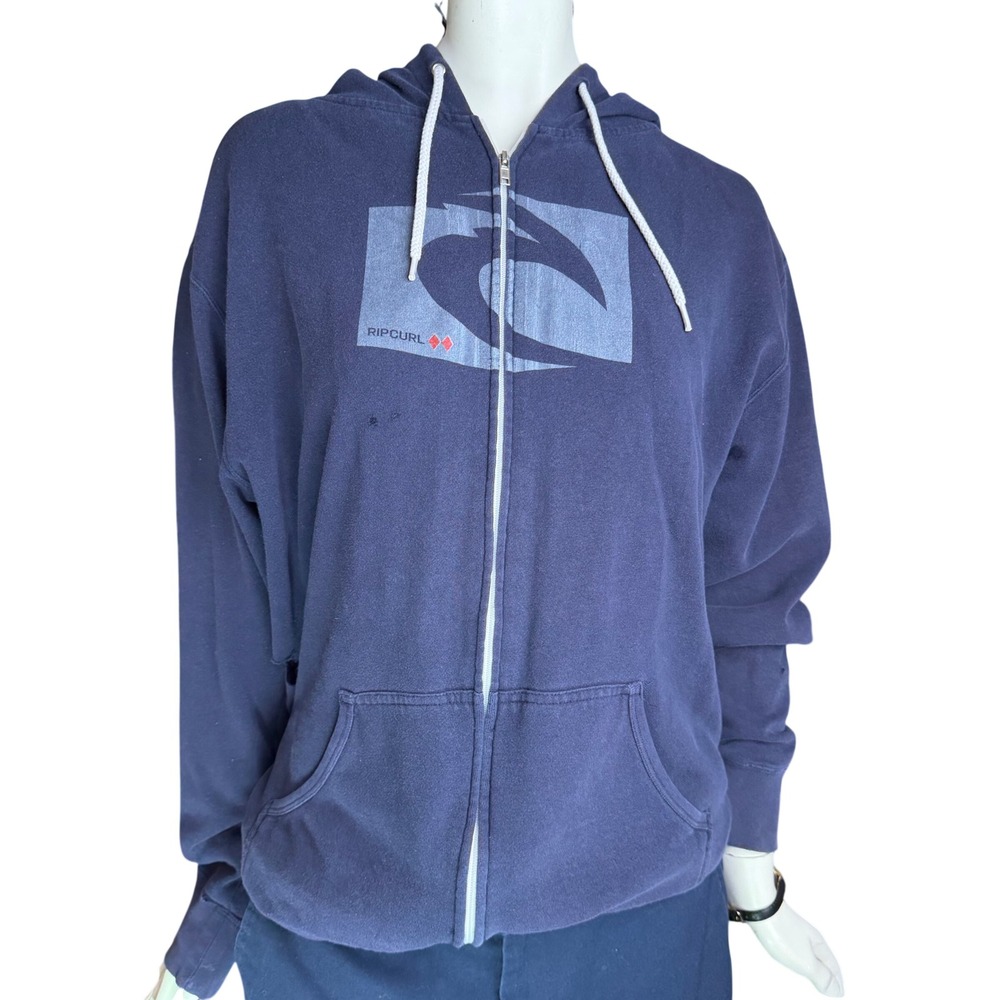 Rip Curl Zip Up Hoodie Graphic Logo Navy Blue Distressed Surf Skate Y2K Mens XXL
